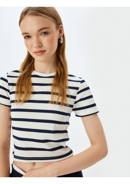 Basic Çizgili Bisiklet Yaka Kısa Kollu Kaşkorse Slim Fit T-Shirt