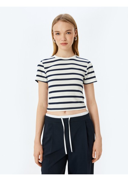 Basic Çizgili Bisiklet Yaka Kısa Kollu Kaşkorse Slim Fit T-Shirt