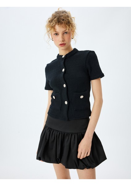 Düğme Detaylı Cepli Bisiklet Yaka Kısa Kollu Triko Hırka modelleri