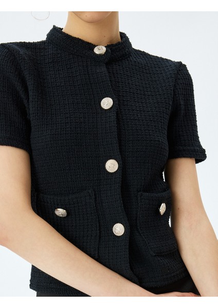 Düğme Detaylı Cepli Bisiklet Yaka Kısa Kollu Triko Hırka indirimleri