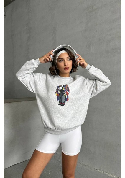 Kadın Gri Melanj Nakışlı Sweatshirt NBG059