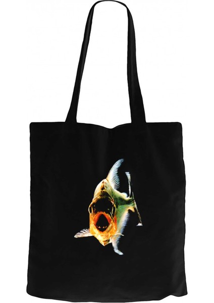 Pirana Balık Siyah Kanvas Bez Çanta