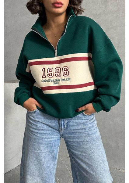 Kadın Yeşil Fermuar Detaylı Sweatshirt NBG060