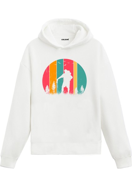 Retro Kaşif Silüet ve Doğa Baskılı Ünisex Kapşonlu Hoodie