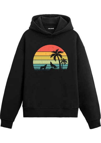 Howling At Sunset Baskılı Retro Ünisex Kapşonlu Hoodie