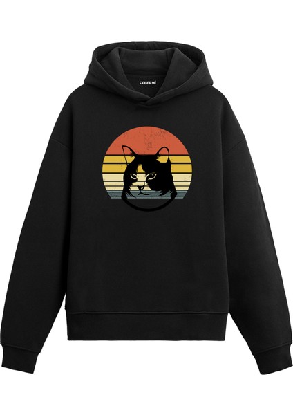 Retro Cat Sessiz Asalet Baskılı Ünisex Kapşonlu Hoodie