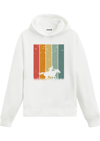 Vahşi Batı Atlı Silüet Baskılı Retro Ünisex Kapşonlu Hoodie