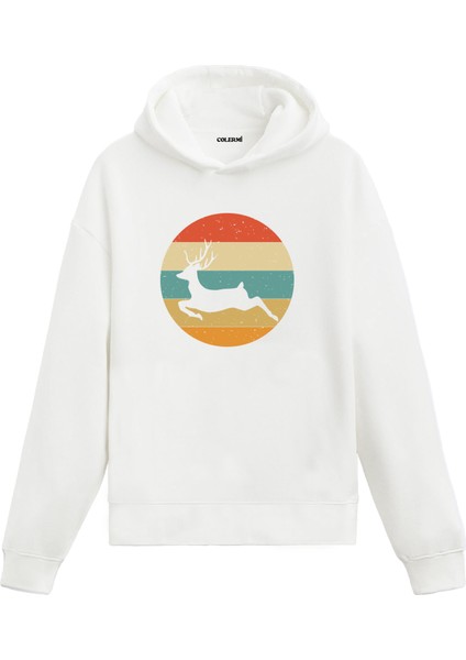 Retro Geyik Silüet Baskılı Ünisex Kapşonlu Hoodie