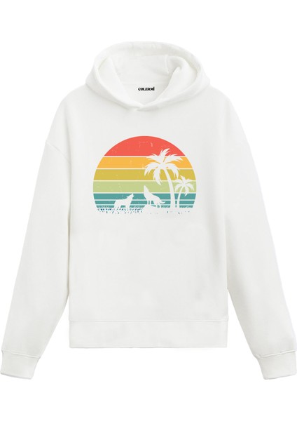 Howling At Sunset Baskılı Retro Ünisex Kapşonlu Hoodie