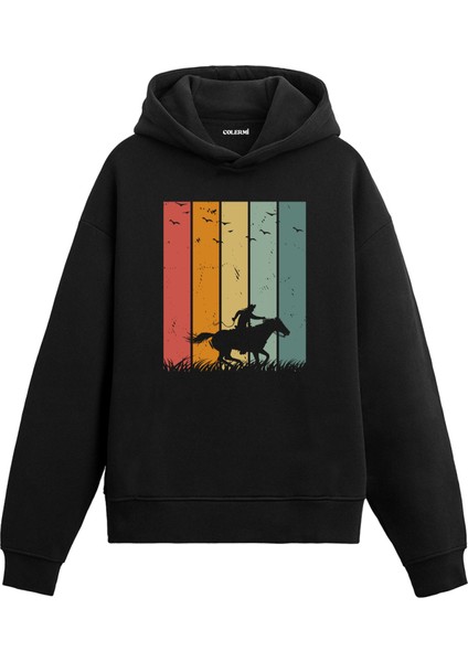 Vahşi Batı Atlı Silüet Baskılı Retro Ünisex Kapşonlu Hoodie