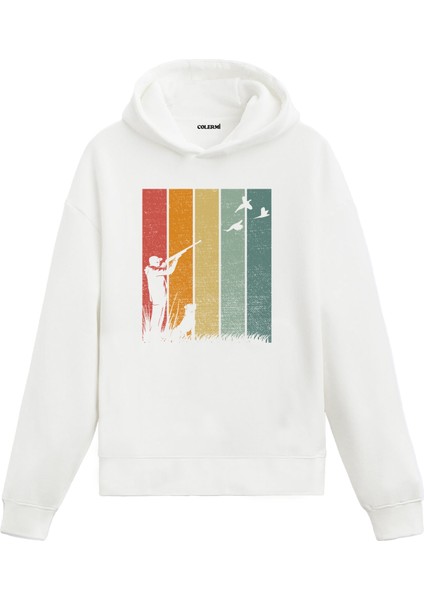 Doğa ve Avcı Silüet Baskılı Retro Ünisex Kapşonlu Hoodie