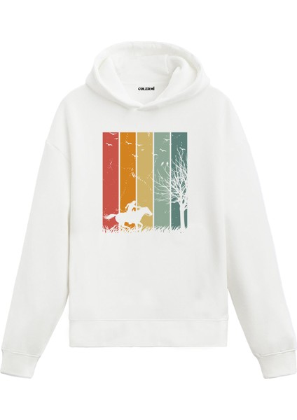 Retro Atlı Silüet ve Doğa Baskılı Ünisex Kapşonlu Hoodie