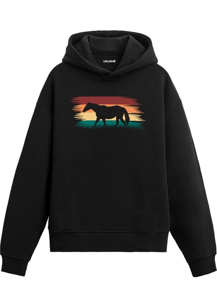 At Silüet Baskılı Retro Ünisex Kapşonlu Hoodie