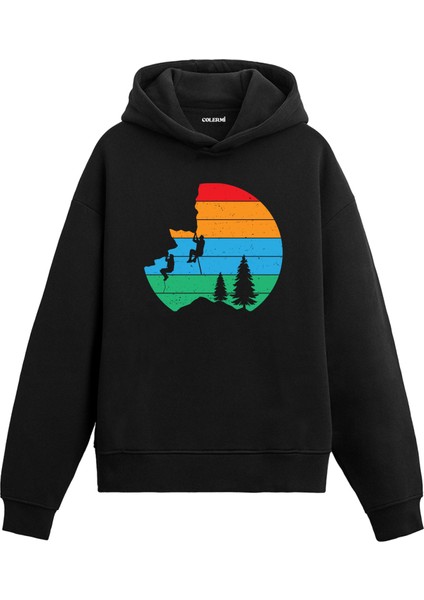 Retro Tırmanış Macerası Baskılı Ünisex Kapşonlu Hoodie
