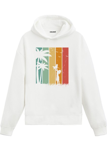 Palmiye Silüet Baskılı Retro Ünisex Kapşonlu Hoodie