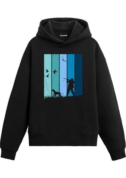 Avcı ve Doğa Temalı Retro Baskılı Kapüşonlu Hoodie