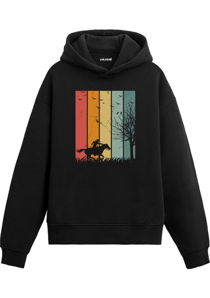 Retro Atlı Silüet ve Doğa Baskılı Ünisex Kapşonlu Hoodie