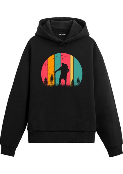 Retro Kaşif Silüet ve Doğa Baskılı Ünisex Kapşonlu Hoodie