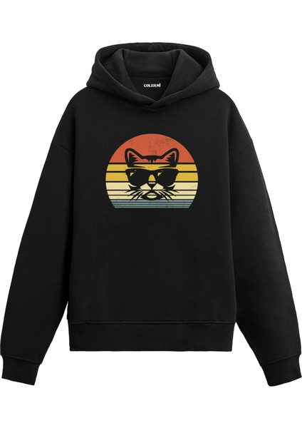 Retro Cool Cat Baskılı Ünisex Kapşonlu Hoodie