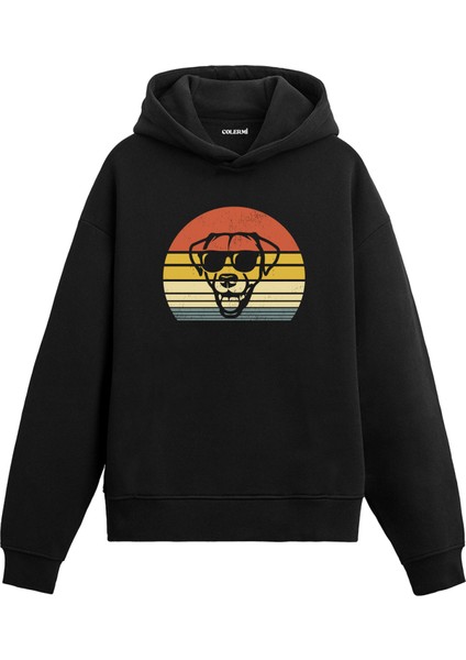 Retro Gözlüklü Köpek Baskılı Ünisex Kapşonlu Hoodie