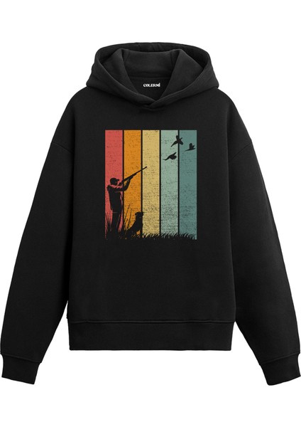 Doğa ve Avcı Silüet Baskılı Retro Ünisex Kapşonlu Hoodie