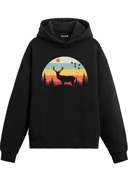 Retro Doğa ve Geyik Silüet Baskılı Ünisex Kapşonlu Hoodie