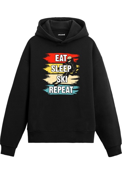 Eat Sleep Ski Repeat Baskılı Ünisex Kapşonlu Hoodie