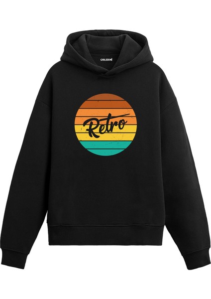 Retro Çember Baskılı Ünisex Kapşonlu Hoodie