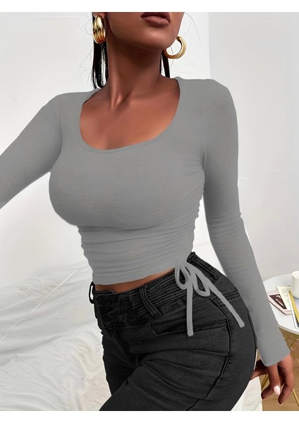 Kadın Uzun Kollu Yanlar Büzgü Detay Kaşkorse Crop modelleri