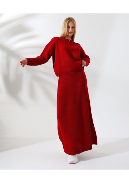 Kadın Kışlık Beli Lastikli Etek Bisiklet Yaka Kazak Triko Takım