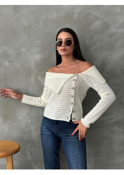 Kadın Omuz Dekolteli Kayık Yaka Yandan Düğmeli Triko Hırka fırsatları