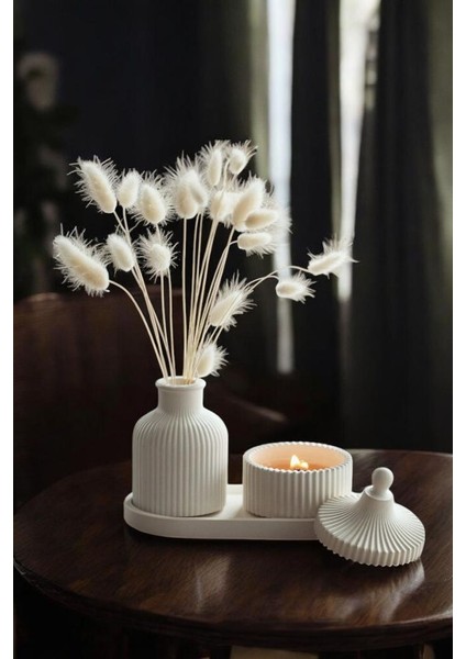 Dekoratif Tepside 3 Lü Bohem Set, Modern Tasarım Doğal Soya Mum ve Iskandinav Tasarım Vazo