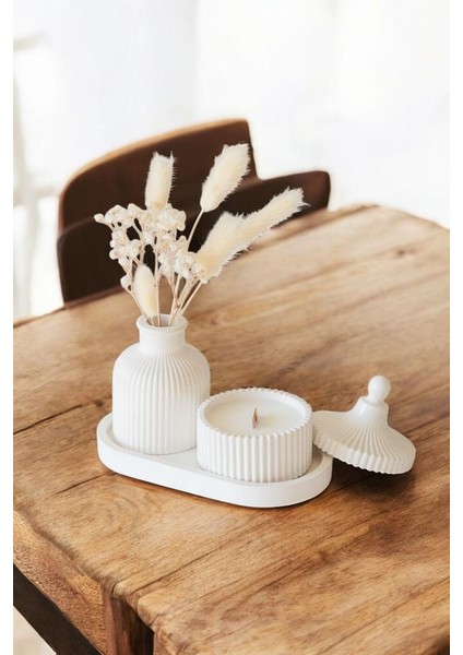 Dekoratif Tepside 3 Lü Bohem Set, Modern Tasarım Doğal Soya Mum ve Iskandinav Tasarım Vazo