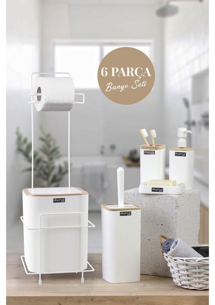 Beyaz Kare Mina Due Yedekli Wc Kağıtlık ve 6 Parça Banyo Seti