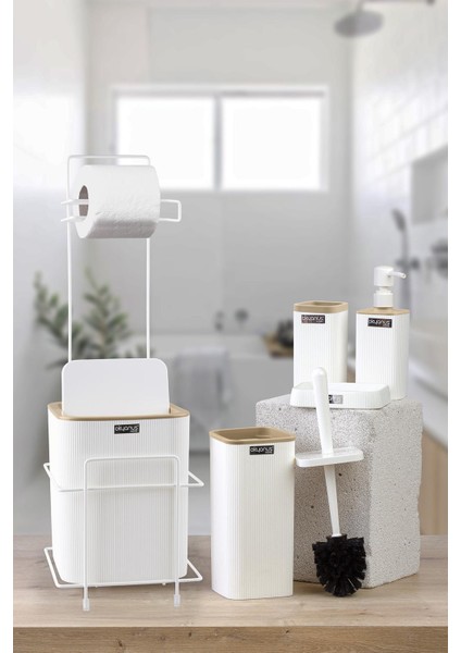 Beyaz Kare Mina Due Yedekli Wc Kağıtlık ve 6 Parça Banyo Seti