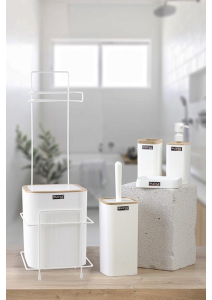 Beyaz Kare Mina Due Yedekli Wc Kağıtlık ve 6 Parça Banyo Seti