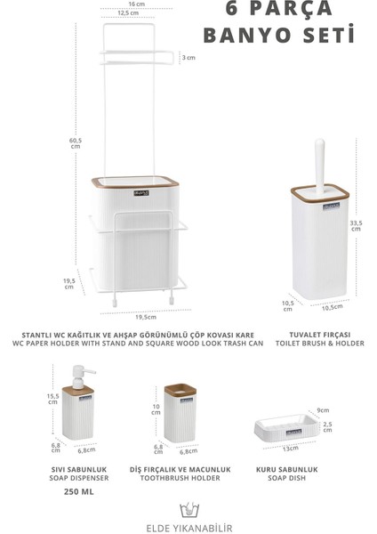 Beyaz Kare Mina Due Yedekli Wc Kağıtlık ve 6 Parça Banyo Seti