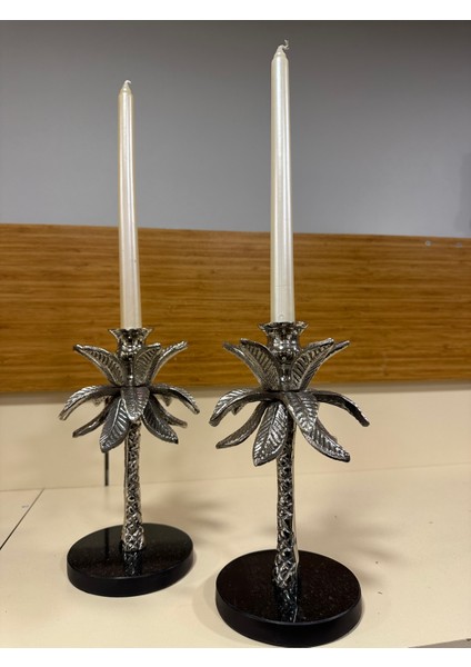 Dekoratif 2'li Döküm Pirinç Mumluk Gümüş 24 cm