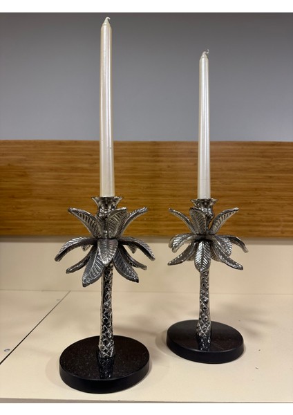Dekoratif 2'li Döküm Pirinç Mumluk Gümüş 24 cm fiyatları