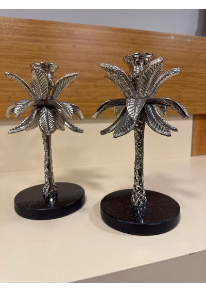 Dekoratif 2'li Döküm Pirinç Mumluk Gümüş 24 cm modelleri