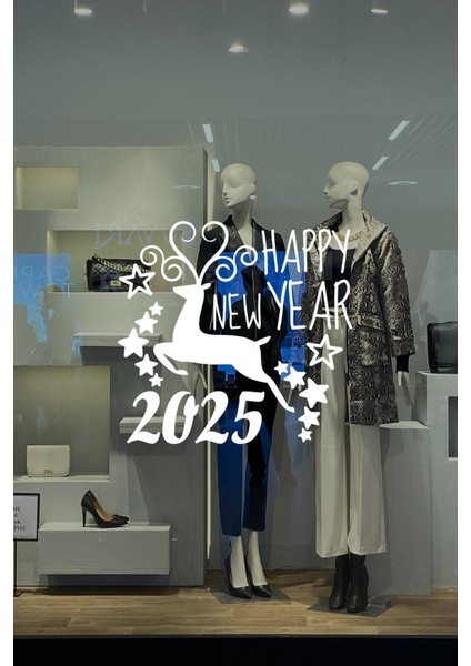Geyik ve Happy New Year 2024 Yılbaşı Süslemeleri Yeni Yıl Vitrin Cam Sticker