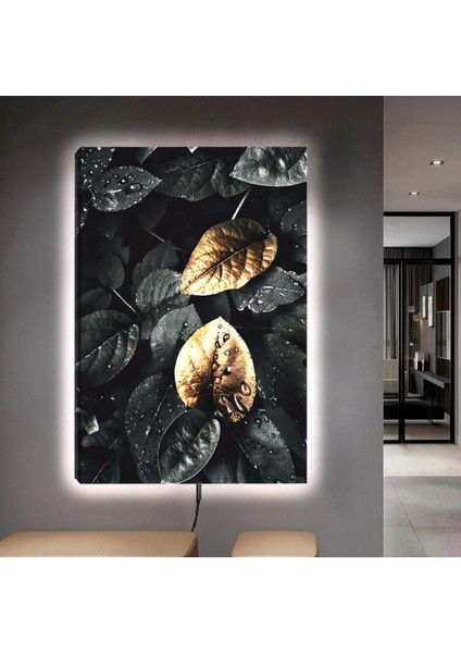 Ledli 90x60 Siyah Yaprak Kanvas Tablo