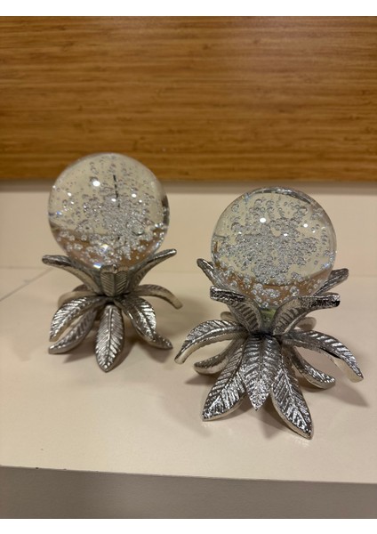 Dekoratif 2'li Döküm Pirinç Gümüş Küre 16 ve 14 cm