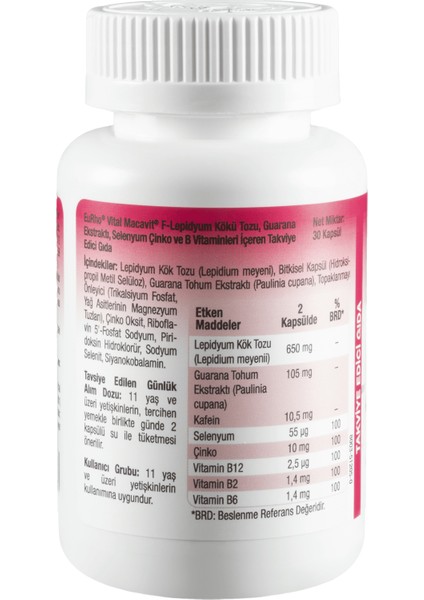 Macavit F-Lepidyum Kökü Tozu, Guarana Ekstraktı, Selenyum Çinko ve B Vitaminleri Içeren Takviye Edici Gıda fiyatları