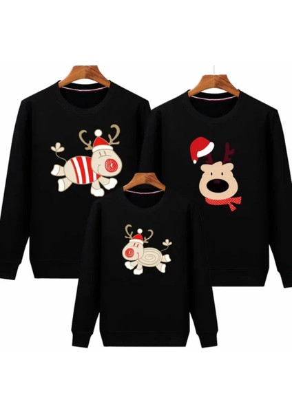 Özel Tasarım Yılbaşı Şapkalı Geyik Ailesi Baskılı Aile Kombini Sweatshırt.1 Adet Fiyatıdır