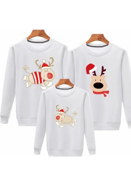 Özel Tasarım Yılbaşı Şapkalı Geyik Ailesi Baskılı Kışlık Aile Kombini Sweatshirt.1 Adet Fiyatıdır