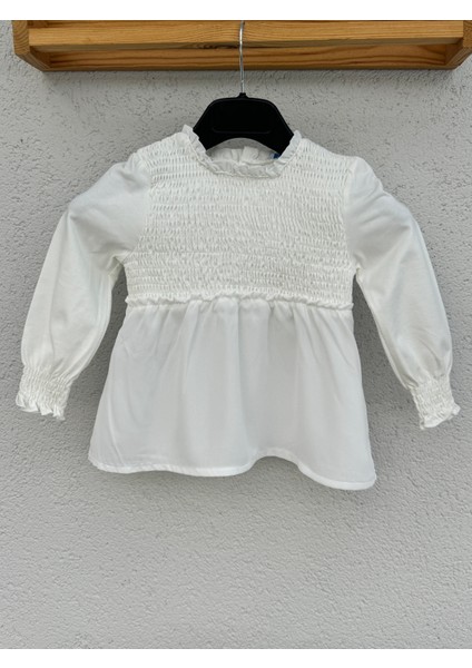 Kız Çocuk Krem %95 Cotton Pamuk Uzun Kollu Bluz - Krem Kız Çocuk Uzun Kollu Tişört