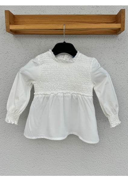 Kız Çocuk Krem %95 Cotton Pamuk Uzun Kollu Bluz - Krem Kız Çocuk Uzun Kollu Tişört