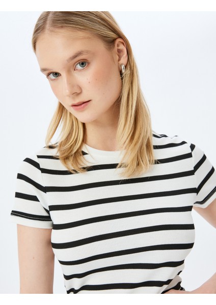 Basic Çizgili Bisiklet Yaka Kısa Kollu Kaşkorse Slim Fit T-Shirt
