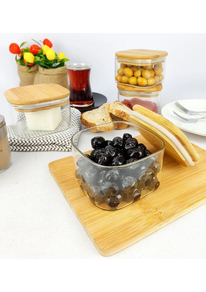 Duo 400ML Bambu Vakumlu Kapaklı Borosilikat Ince Cam Saklama Kabı Kahvaltılık (1 Adet)